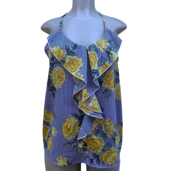 Time To Bloom Blouse Medium Blue Yellow Striped Floral Ruffle Spaghetti Strap - Picture 2 of 16